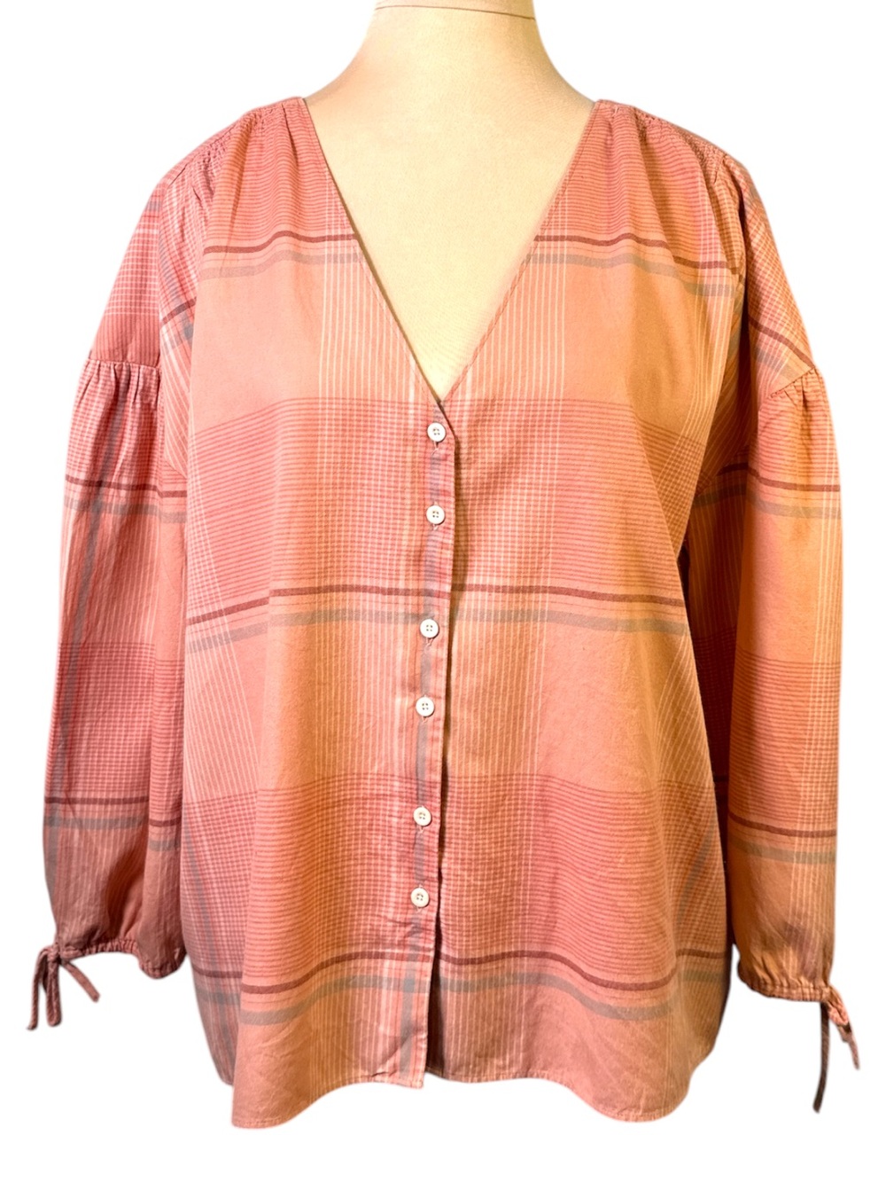 Madewell Morningview Peach Plaid 3/4 Tie Sleeve Button Front Shirt L